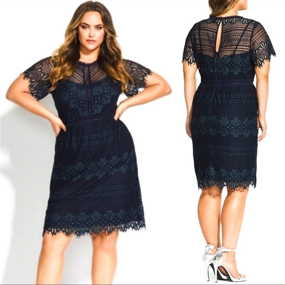 City Chic Dinner Date Dress Navy Blue Lace Cocktail Knee Length Size 14 NEW
